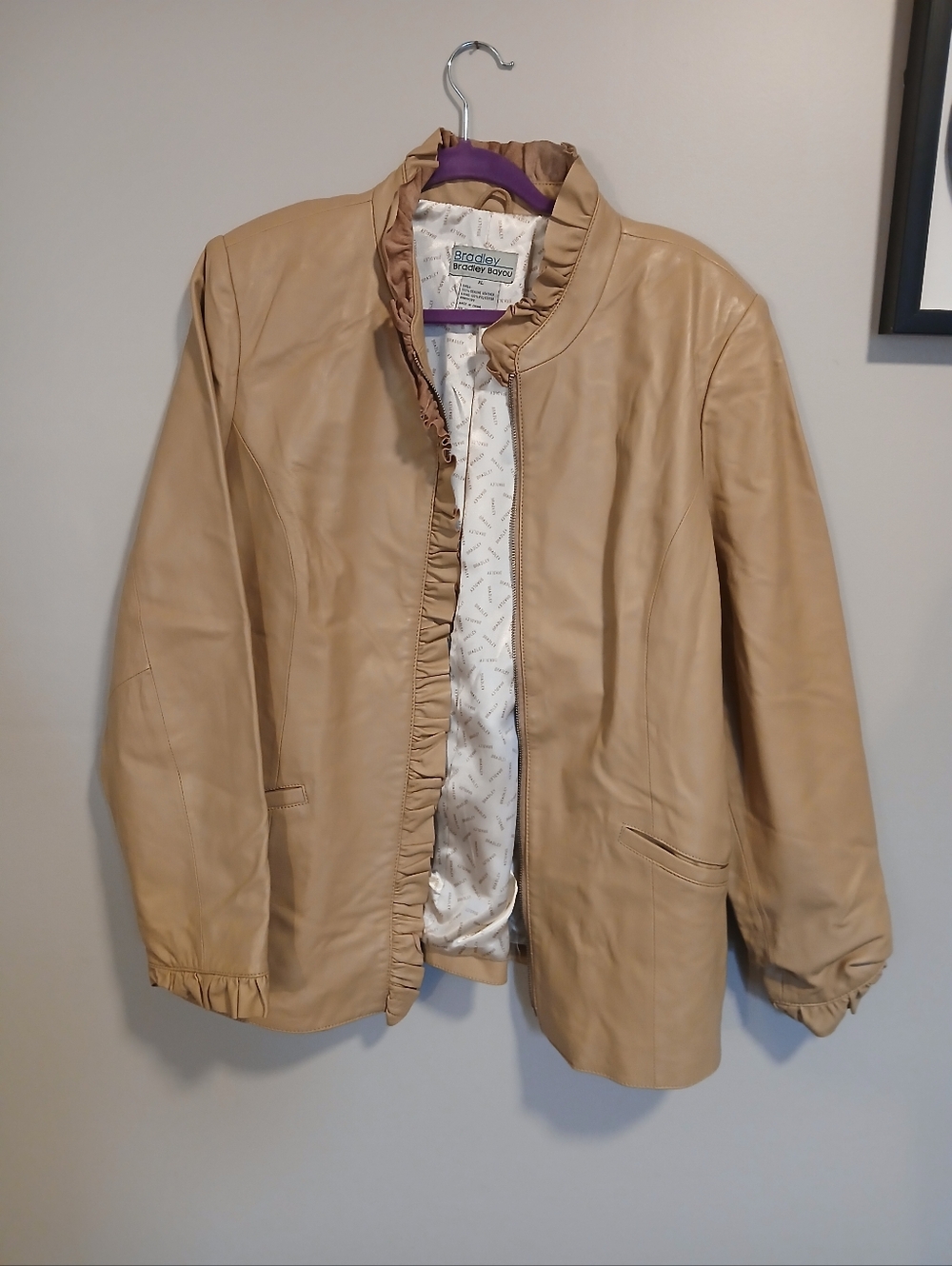 Beige Leather Jacket with Ruffle Trim Size XL